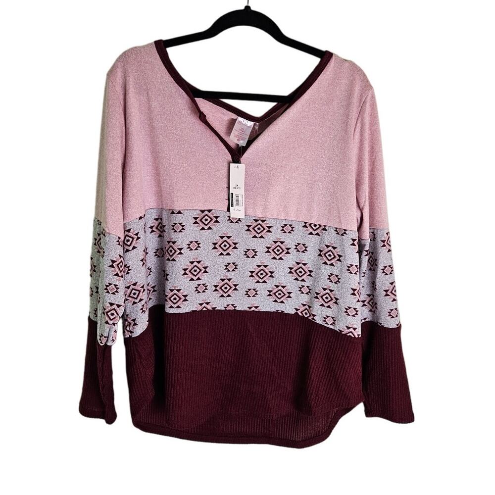 NWT NOBO Pink Burgundy Southwestern Henley Pullover Scrunchie 2X